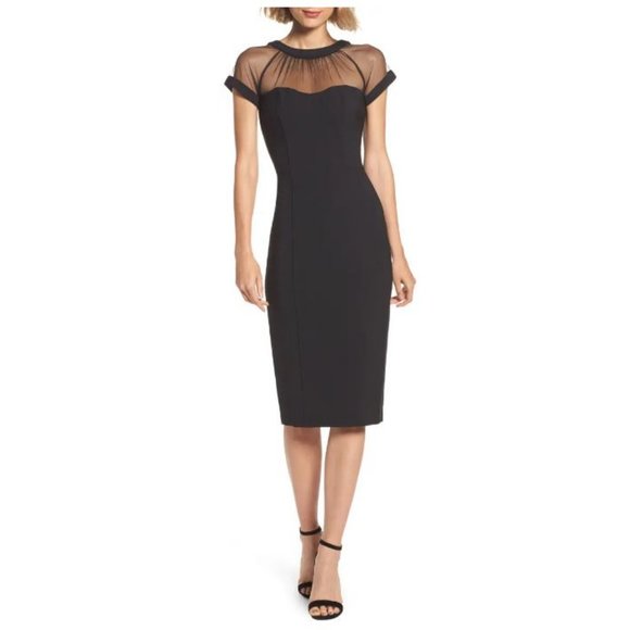 NWOT Maggy London Illusion Yoke Crepe Cocktail Dress Black 6 - Picture 1 of 7